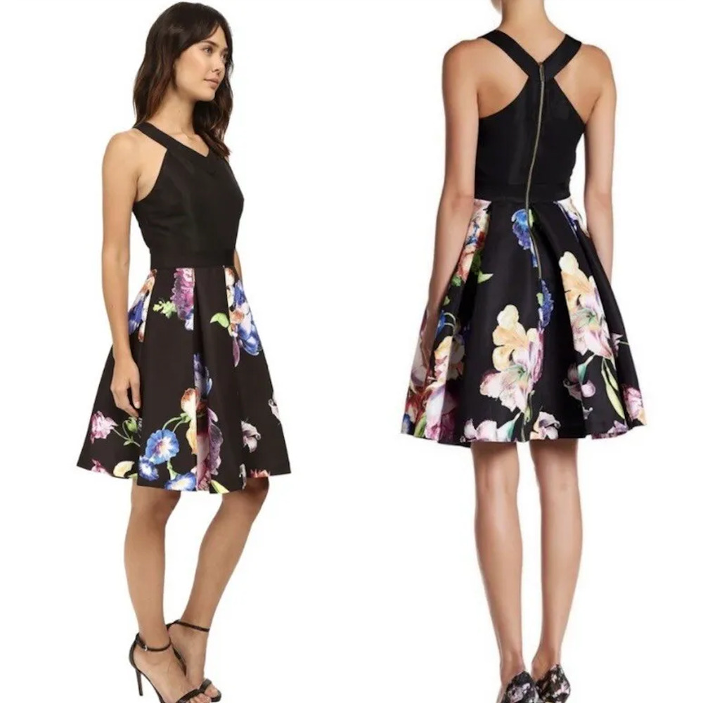 Ted Baker Illusia Dress Black Floral Fit n Flare Sleeveless‎ Sz 2 US (0 Ted)